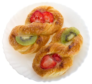 close-up puff pastry with kiwi and strawberry, isolated on white