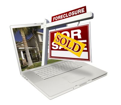 Sold Foreclosure Home for Sale Real Estate Sign & Laptop Isolated on a White Background.