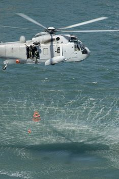 An Australian navy sea king helicopter practising a rescue