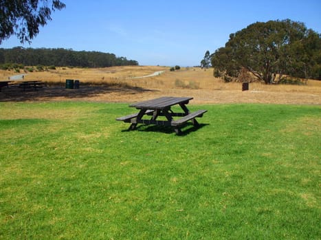 Picnic table in a park on a sunny day.