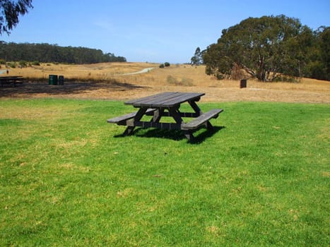 Picnic table in a park on a sunny day.