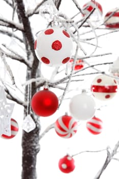 Christmas baubles and ornaments hang from snow covered branches.