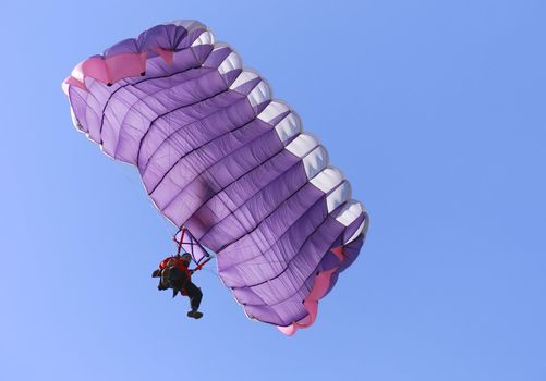 A purple parachute on a bright sunny day.