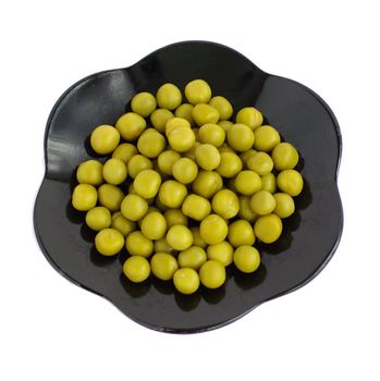 canned green peas on a platt on white background isolated