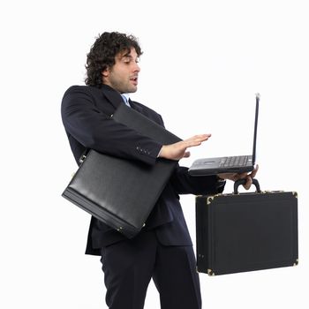busy man with briefcase and laptop
