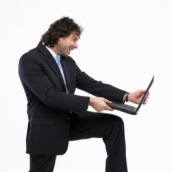 happy businessman with laptop