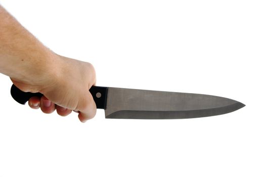 Human hand holding a knife isolated on white