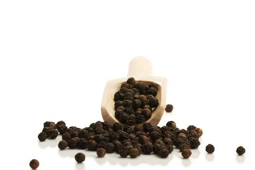 black peppercorns skidding from a small wooden shovel front on white background