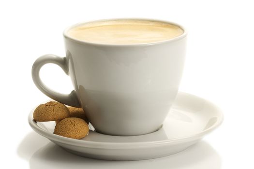 white cup with coffee and amarettini on white background