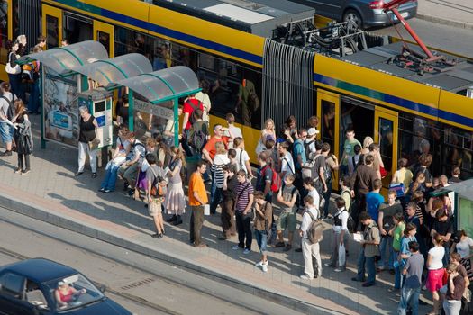 BUDAPEST - SEPTEMBER 23: public transport in Budapest: crowd of students from the university waiting for the tram