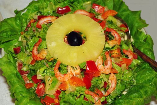 Decorated colourfull plate of seefood with fruits salad