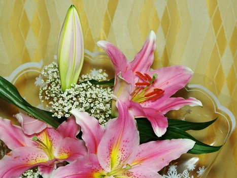 Fragment of bouquet of beautifull pink lillies close up