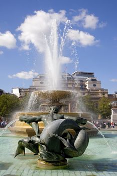 A view of the fountains at Trafalgar Square in London