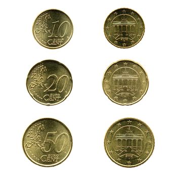 Range of Euro cents coins isolated on white