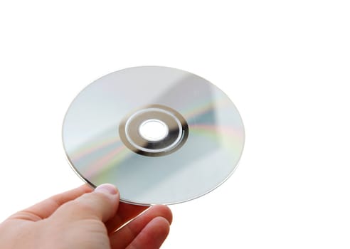 Compact disc n a human hand isolated on white