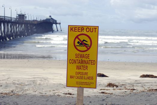 A warning sign for polluted water, Imperial Beach, California
