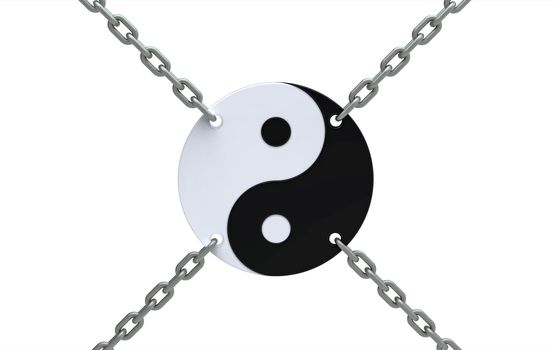 Yin-yang symbol in chains isolated on white, 3d render