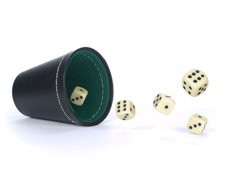 Dice shaker with dices isolated on white.