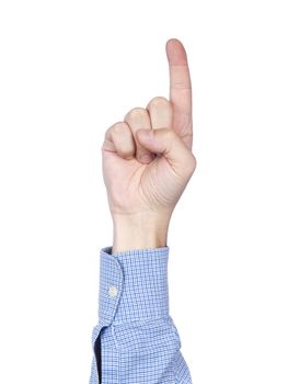 A man's hand doing number 1 gesture, isolated on white background.