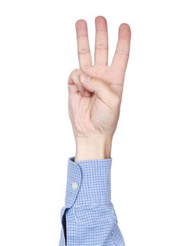 A man's hand doing number 3 gesture, isolated on white background.