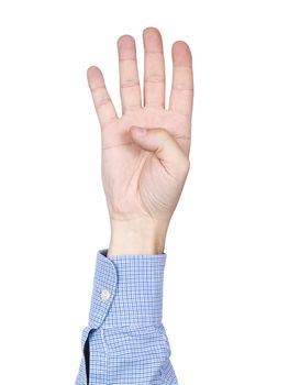 A man's hand doing number 4 gesture, isolated on white background.