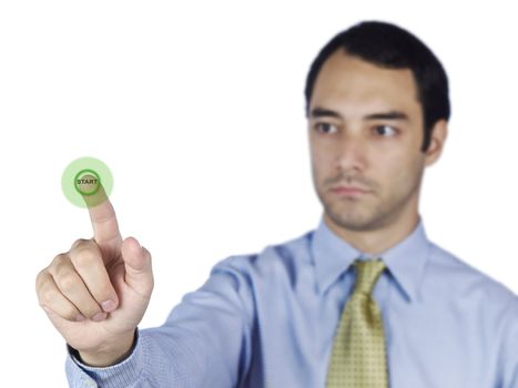 Young business man touching a start button on the screen.