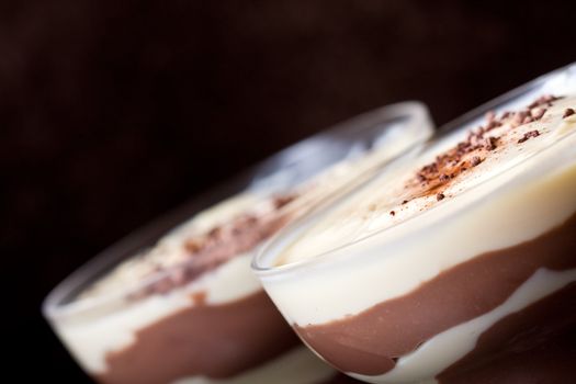 chocolate and vanilla pudding in a parfait glass dusting of chocolate on top