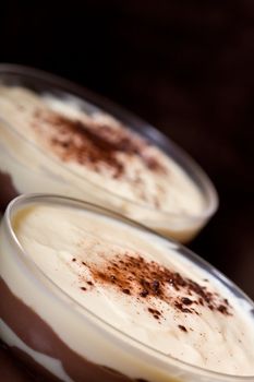 chocolate and vanilla pudding in a parfait glass dusting of chocolate on top