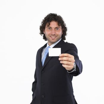 Man with business card in the hand isolated on white