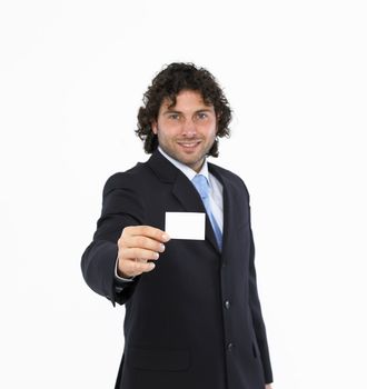 Man with business card in the hand  isolated on white