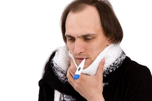 The person with the thermometer in a mouth keeps for a sick throat