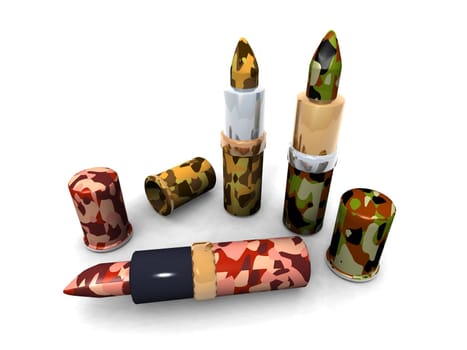 a 3D render of some camouflage lipsticks for female commando soldiers