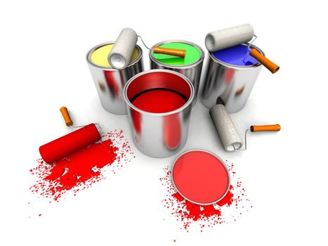 3D render of roll painters, color cans and splashing