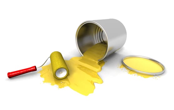 3D render of paint roller, yellow can and splashing