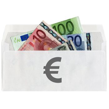 Euro banknotes (European Union currency) in an envelope with Euro symbol