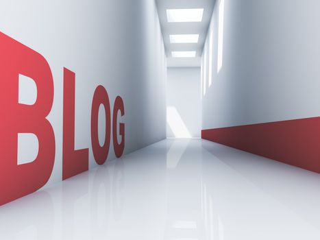 Rendering of a red blog text in a white corridor