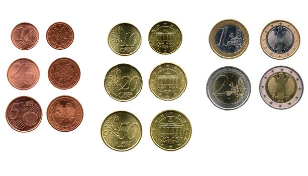 Full range of Euro coins isolated on white