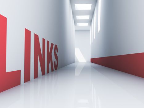 Rendering of a red links text in a white corridor