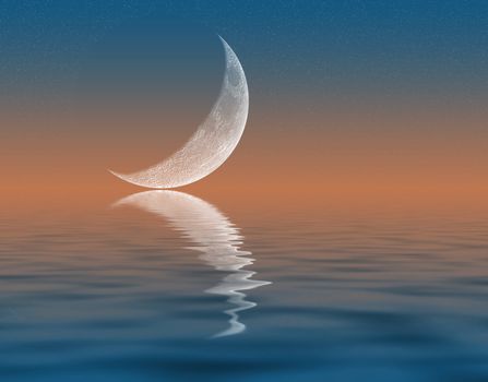 Illustration of crescent Moon reflecting in water