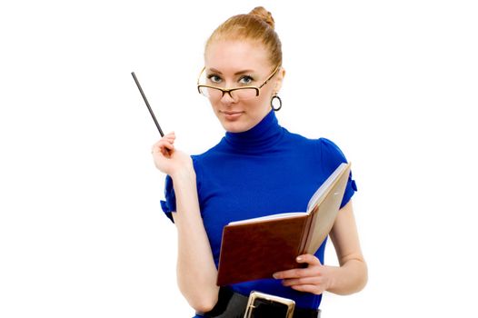 Redhead businesswoman looking through glasses with notebook over white