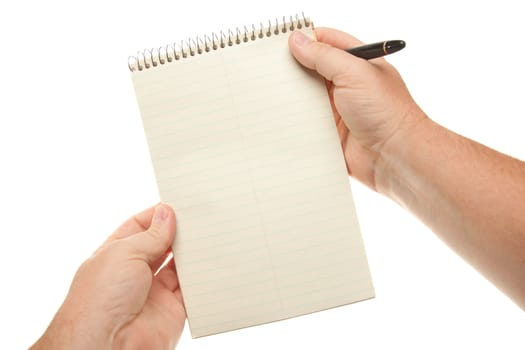 Male Hands Holding Pen and Pad of Paper Isolated on a White Background.