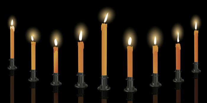 Nine candle menorah over black background, Hanukkah decoration