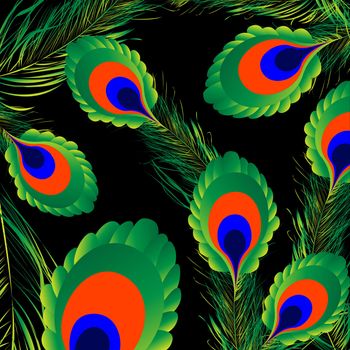 Peacock feathers background, abstract art illustration