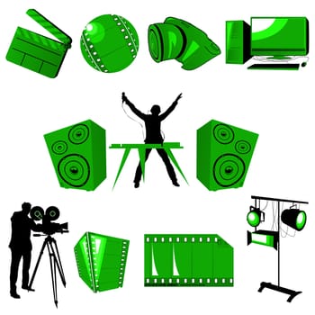 Multimedia icons set in green tones, grouped objects over white background