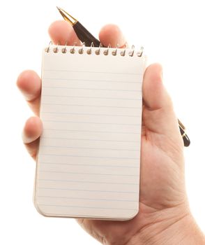 Male Hands Holding Pen and Pad of Paper Isolated on a White Background.