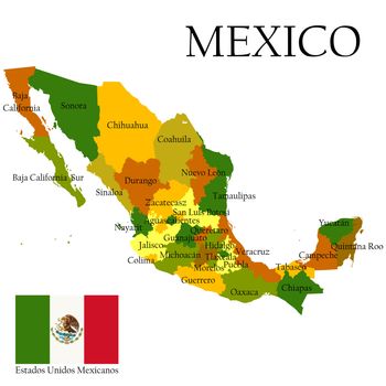 Mexico, United States of. Administrative map and flag.