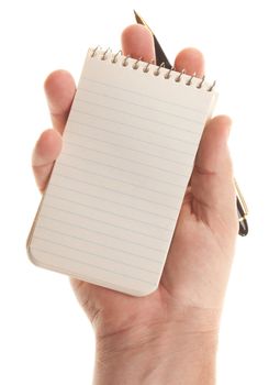 Male Hands Holding Pen and Pad of Paper Isolated on a White Background.