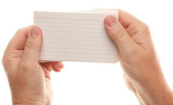 Male Hand Holding Stack of Flash Cards Isolated on a White Background.