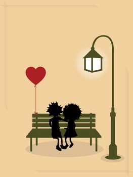 Lovers on a bench, romantic background with light pole and balloon