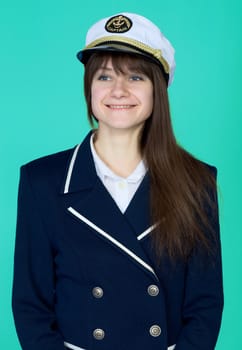 Portrait of the girl - captain on a blue background